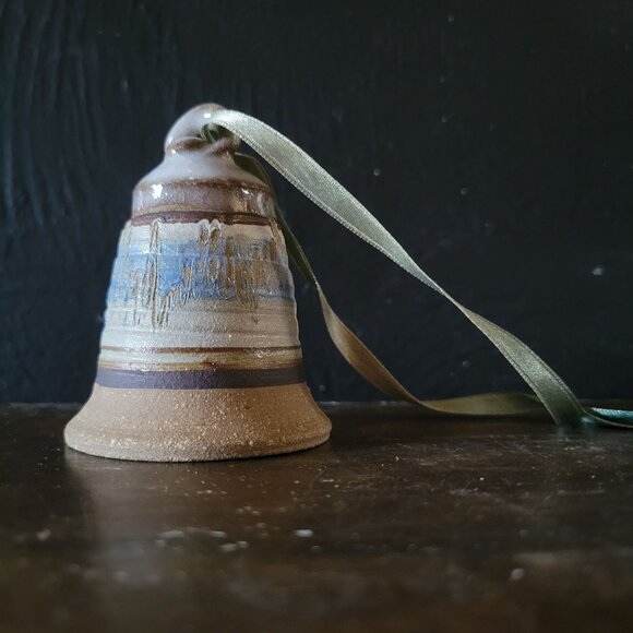 Vtg Studio Pottery Bell, Studio Pottery Christmas Ornament 3.125" Brown & Blue - Picture 1 of 6